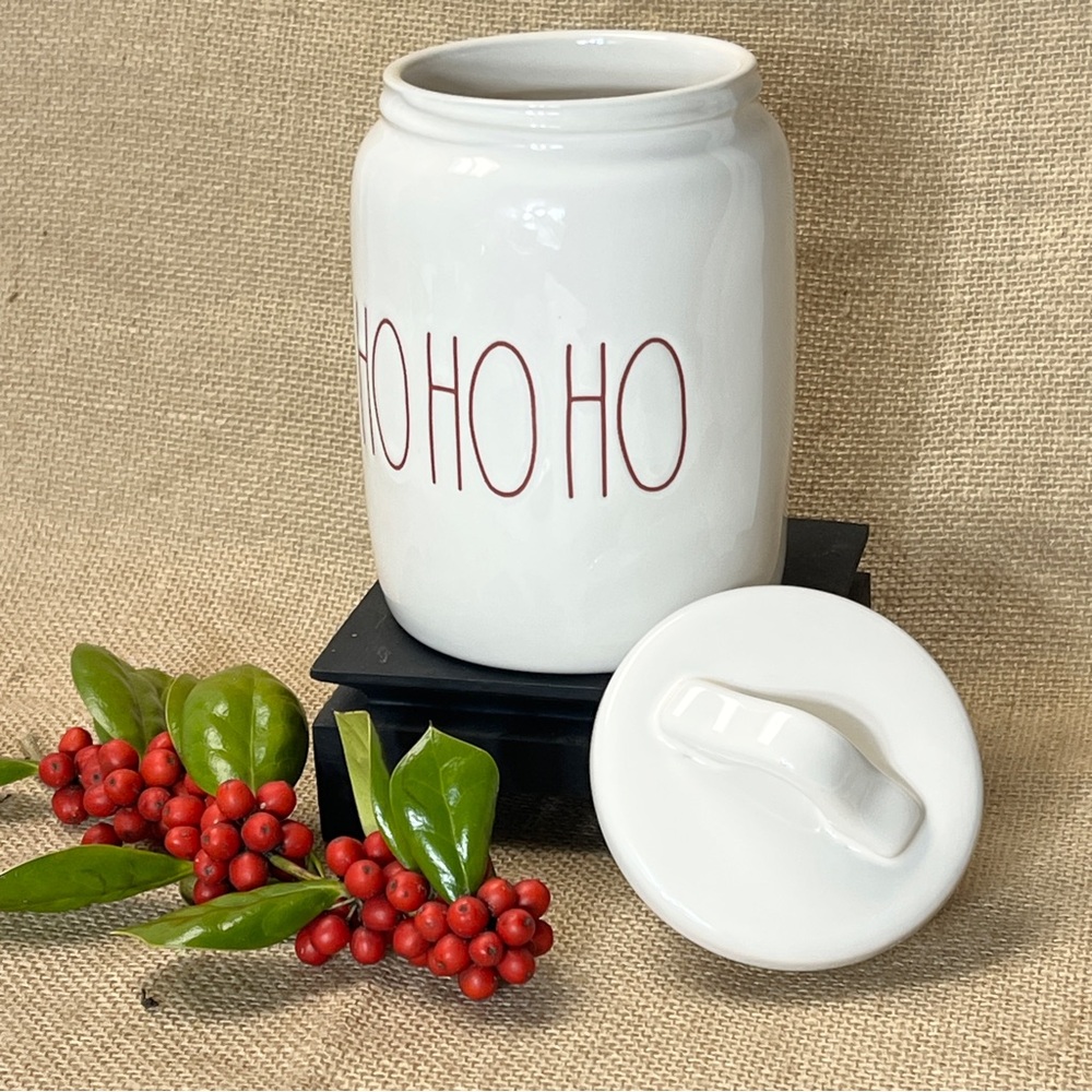 Rae Dunn Canister White & Red Ceramic Cookie Jar Storage Container "Ho Ho Ho"